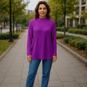 LOGO By Lori Goldstein Metallic Waffle‎ Knit Lace Trim Mock Neck Top NWOT